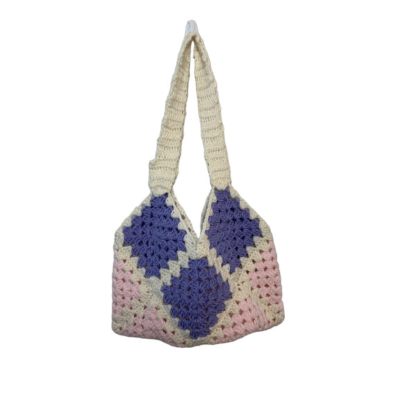 Handmade Knit Crochet Purse Pink and Purple Granny Square Shoulder Bag - Picture 1 of 5